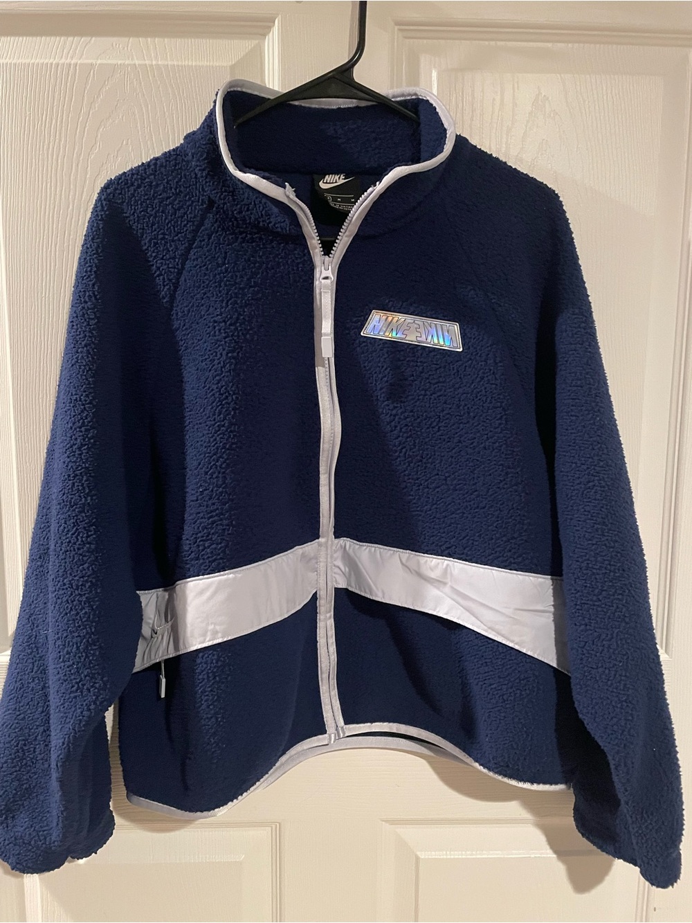 Nike Navy Blue Sherpa Full-Zip Jacket with Silver Trim